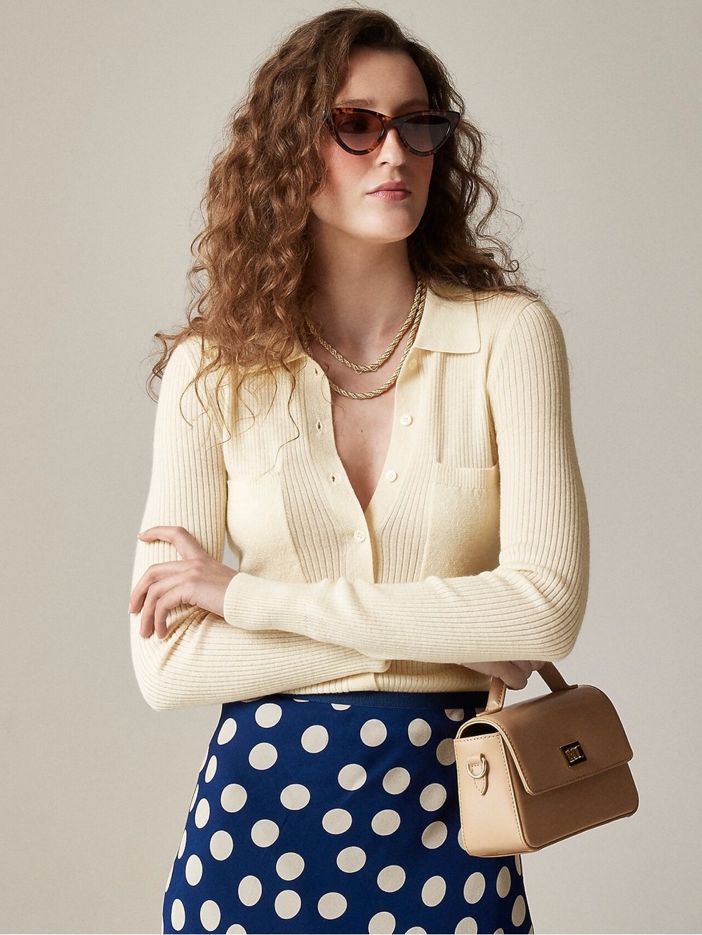 J Crew Collared cream button-up sweater in merino wool blend— Womens Medium